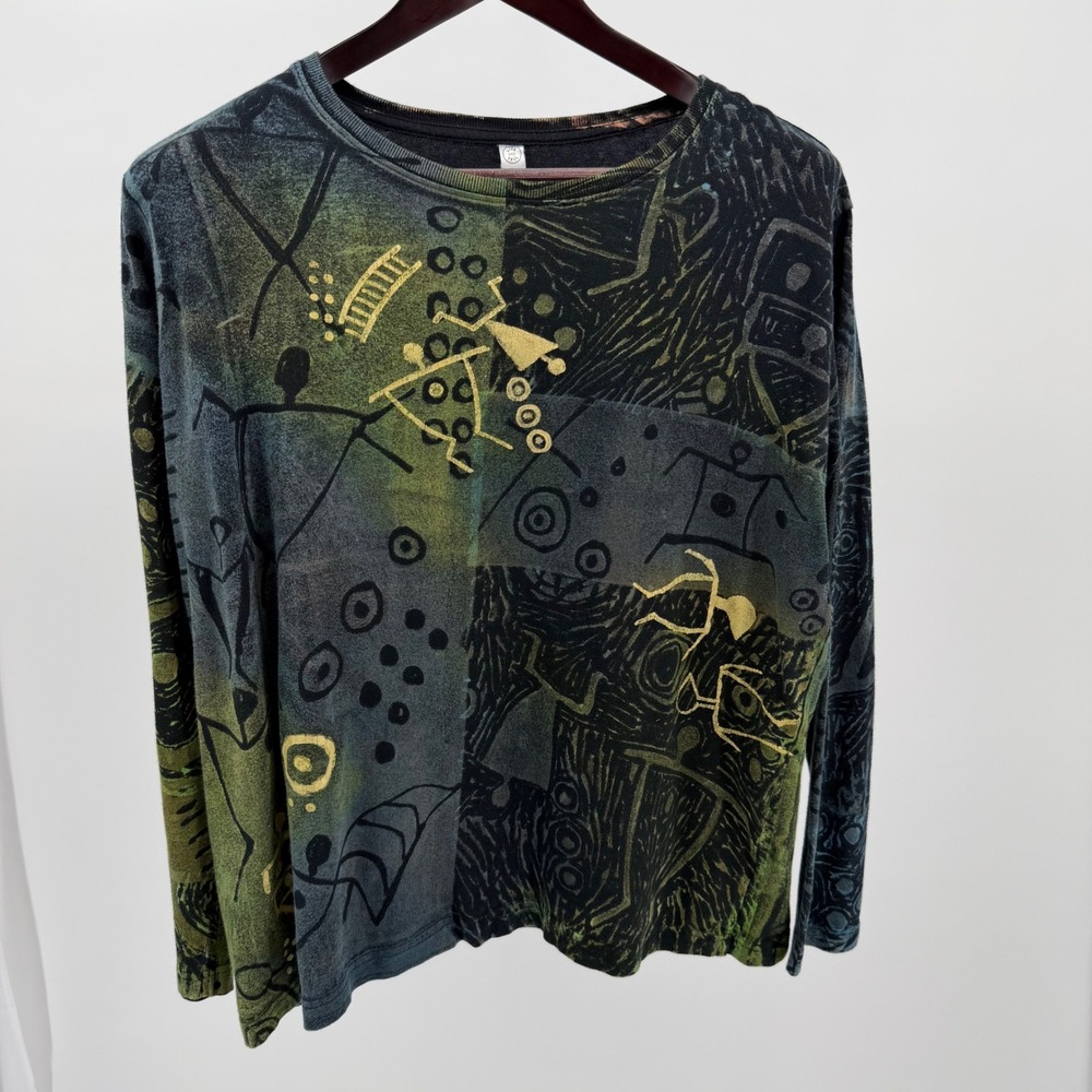 Live and Tell Tribal Petroglyph Print Long Sleeve Top Green Blue Gold Wms Size L